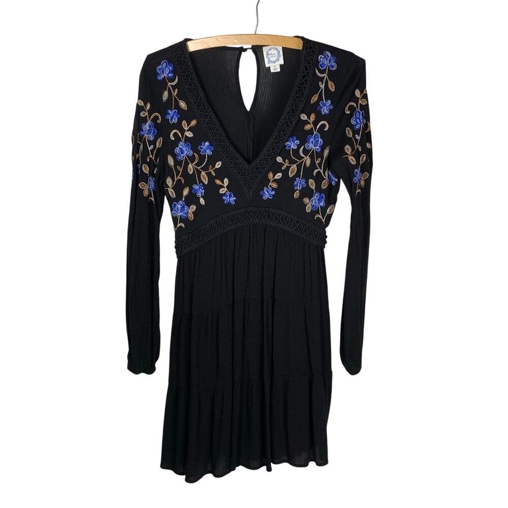 Blue Rain Boho Embroidered Gauze Tiered Black Dress Size S Whimsigoth